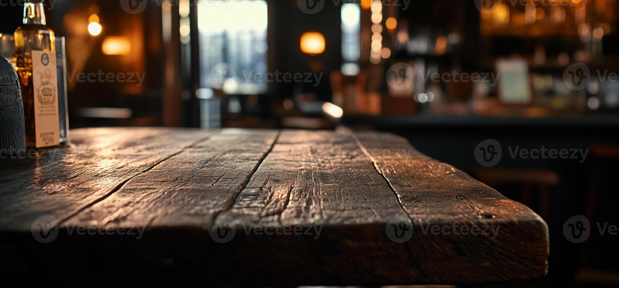 Rustic Wooden Table Top in a Bar photo