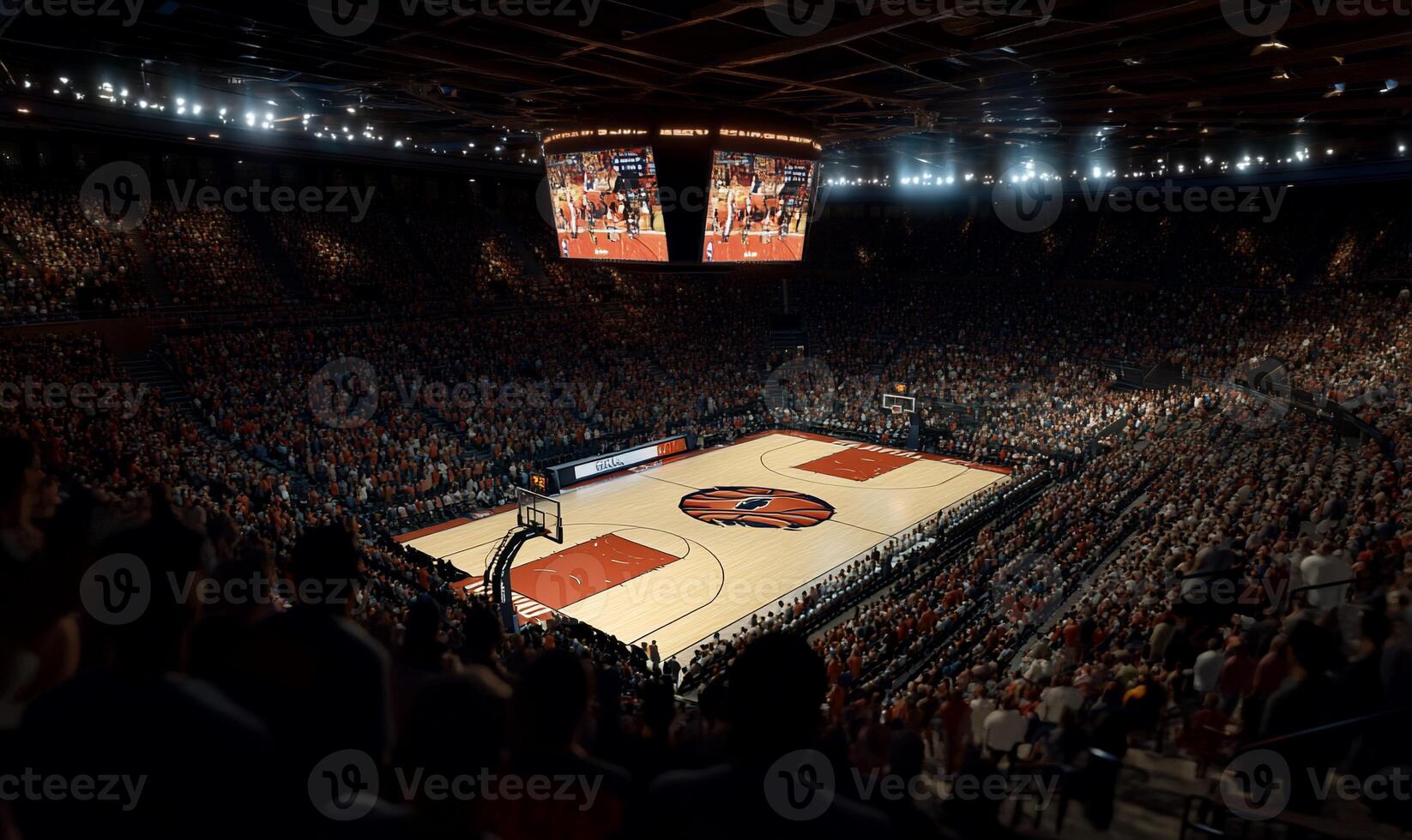 Massive basketball arena, packed crowd photo