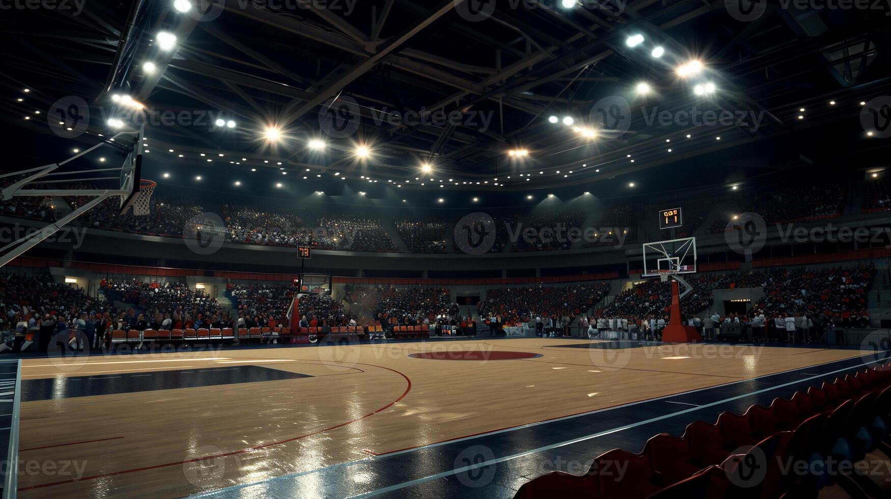 Full basketball arena, packed crowd, intense game photo