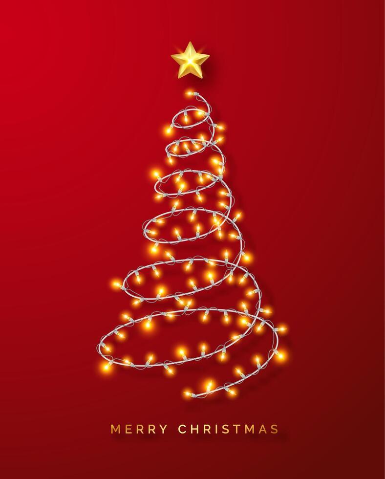 Glowing Christmas lights wreath on red background. New Year holiday greeting card. Christmas tree shaped garland vector