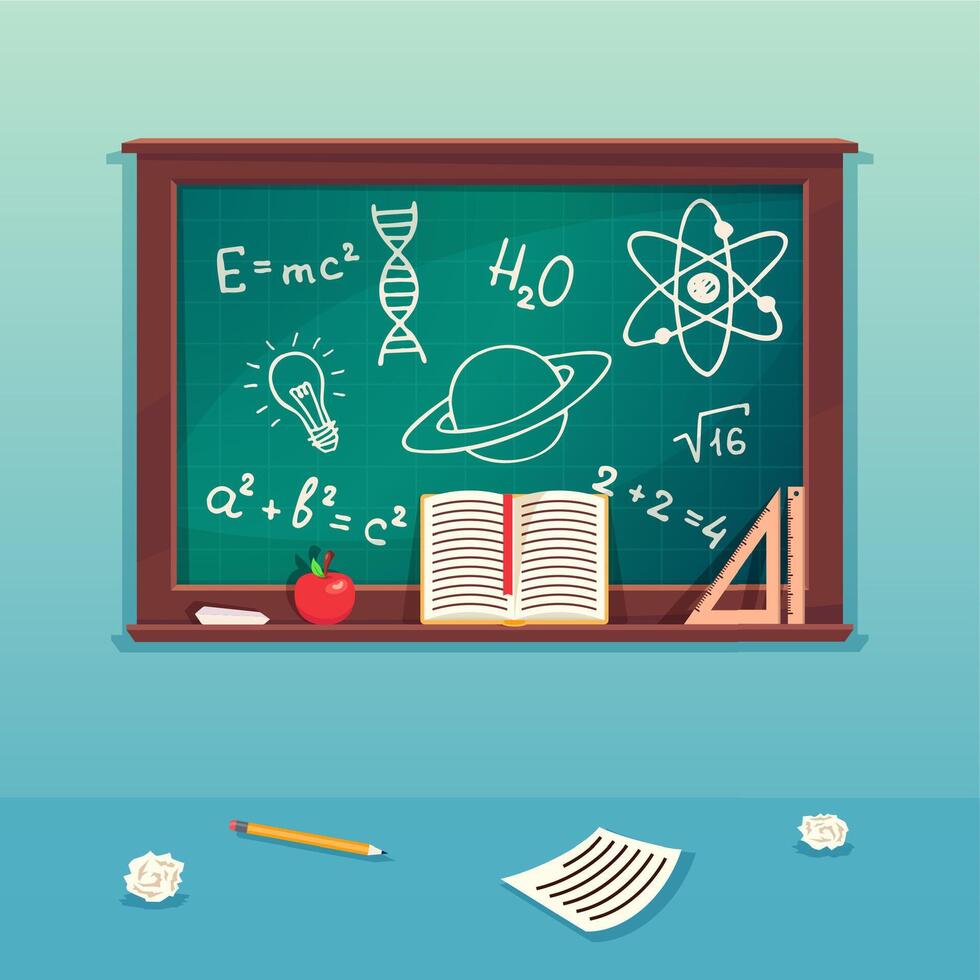 Class blackboard with chalk piece and school supplies vector