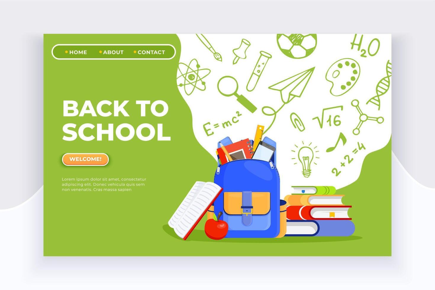 Back to school banner. Backpack, apple, books and school supplies on colorful background. Back to school education concept vector