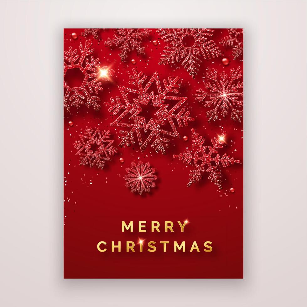 Christmas flyer. Background with shining snowflakes and confetti. New year and Christmas card illustration on red background vector