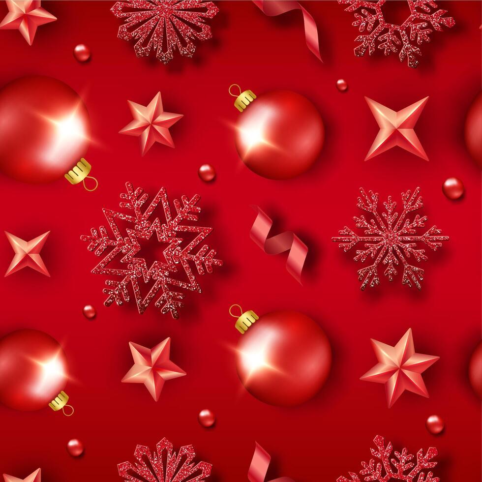 Christmas seamless pattern with shining snowflakes, balls, stars, ribbons and colorful confetti. New year card illustration on red background vector