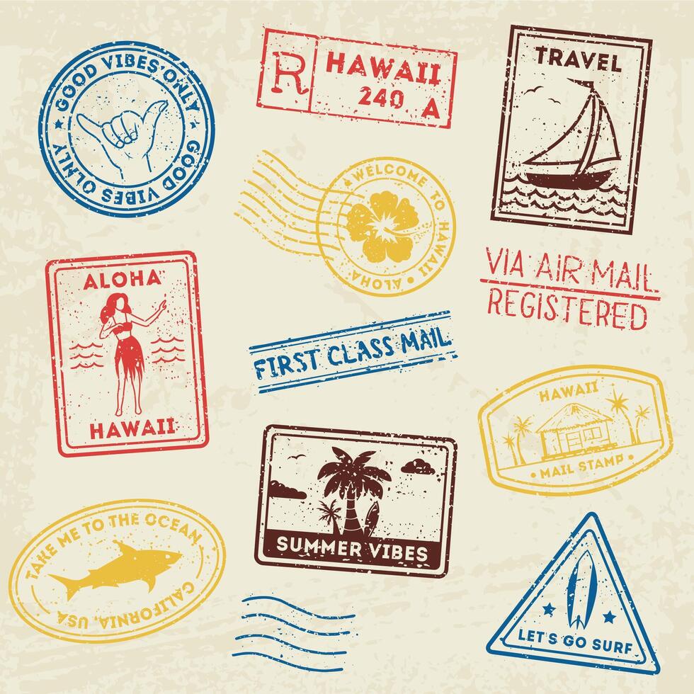 SSummer beach post stamps. Hand drawn palm trees and beach elements in retro style. Summer grunge labels, badges and icons vector