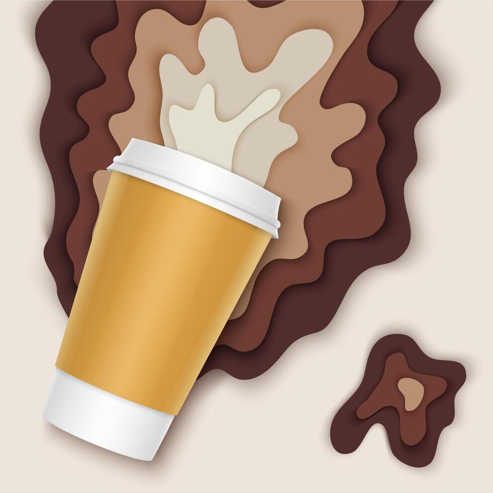 Coffee cup with papercut coffee splashes and shadows. Spilled coffee. Disposable takeaway paper coffee cup in realistic style vector