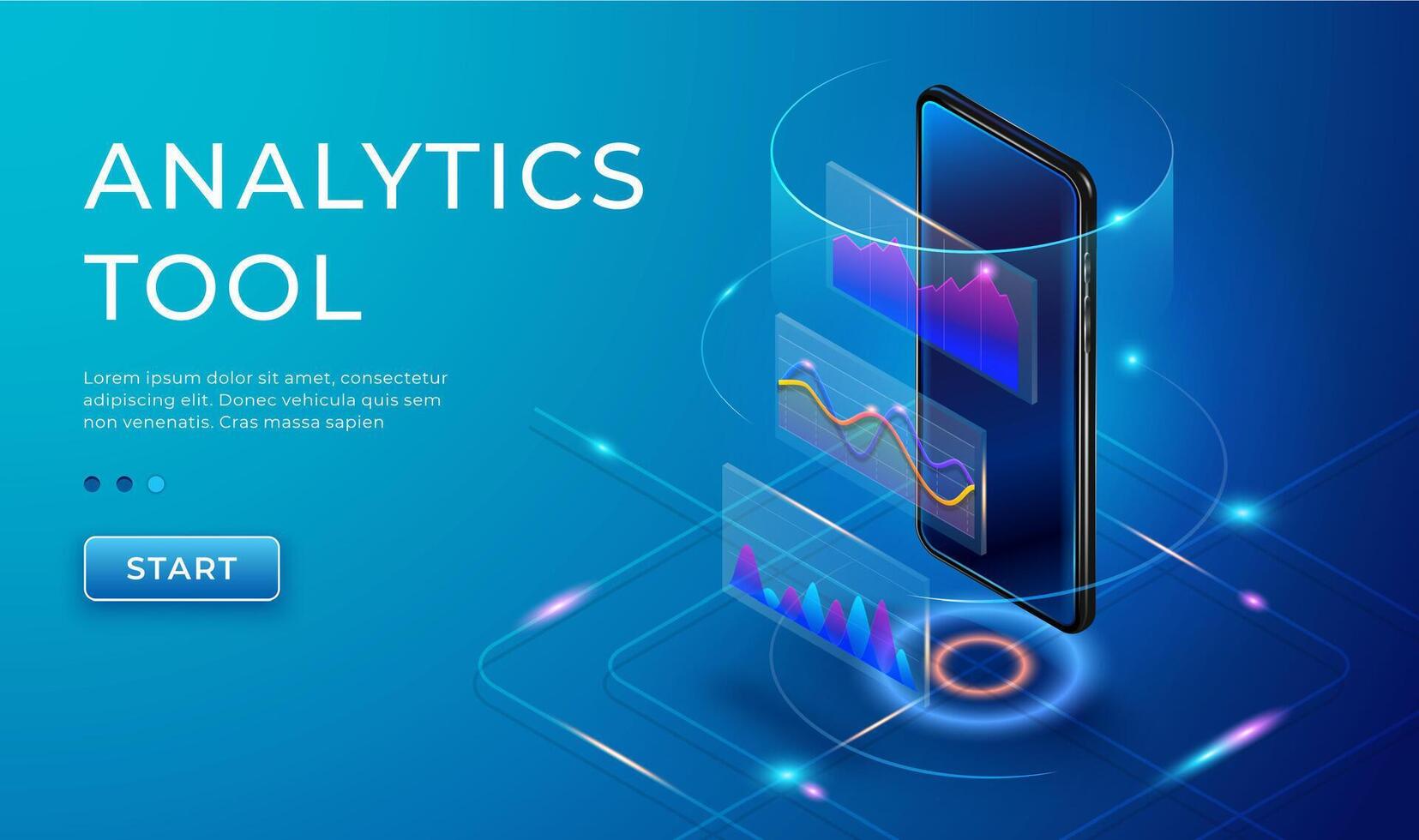 Infographic with isometric 3d phone. Marketing diagrams and charts on smartphone. Monitoring analysis, visualization data vector