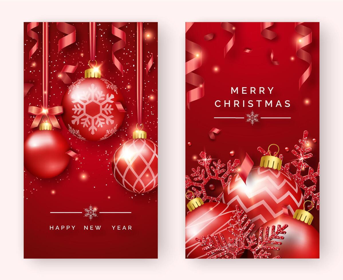 Two Christmas poster templates with shining balls, snowflakes, ribbons and confetti. New year and Christmas card illustration on red background vector