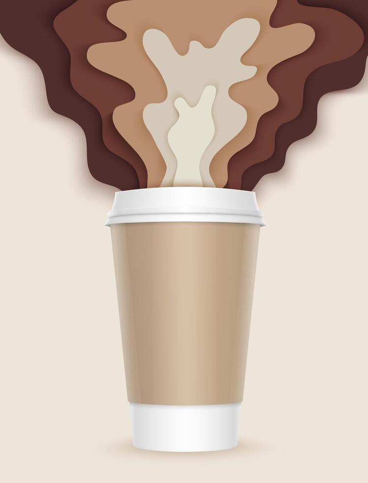 3d coffee cup with papercut coffee splashes and shadows. Coffee splash. Disposable takeaway paper coffee cup in realistic style vector