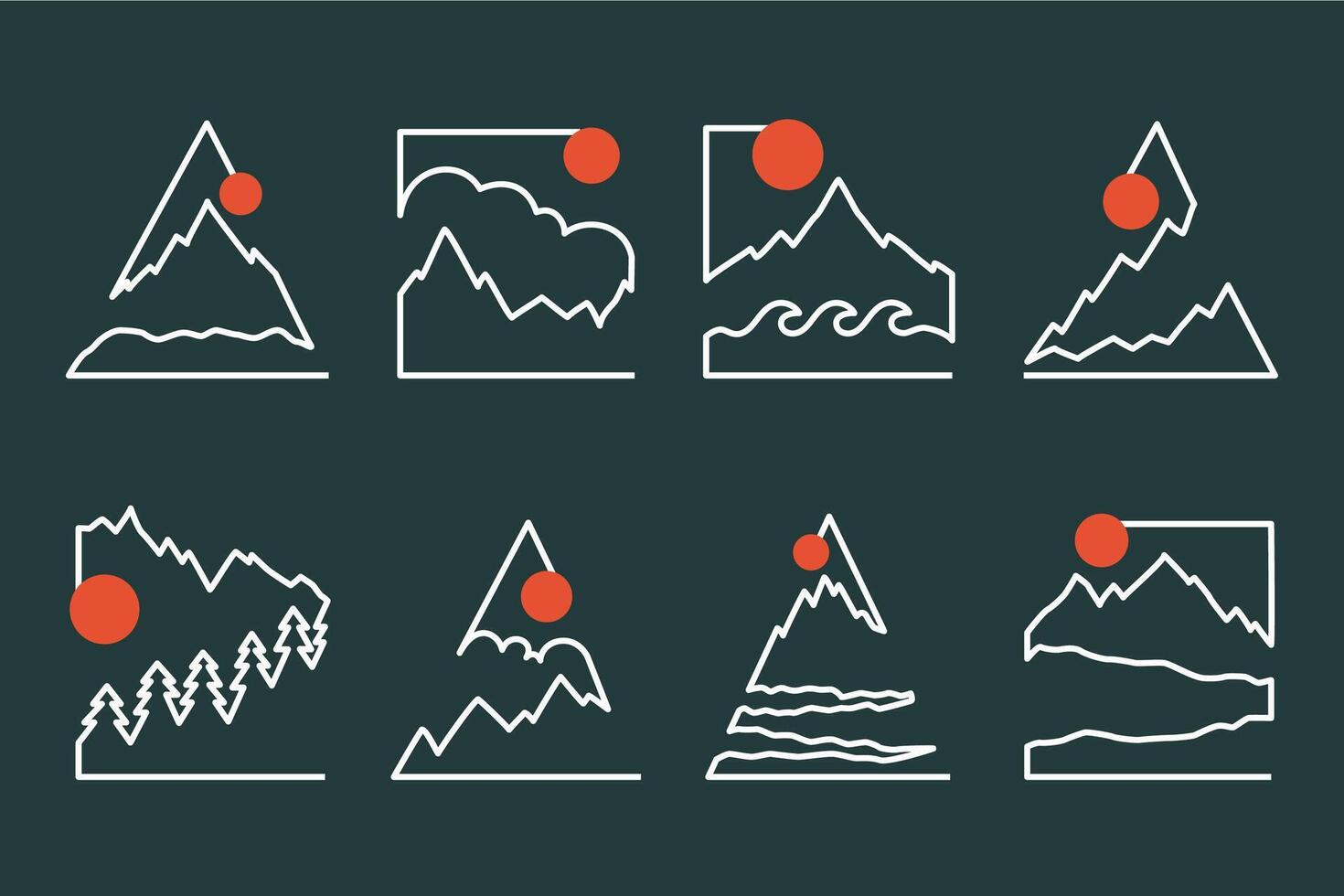 Eight minimalist line icons with mountain landscapes with red sun elements vector