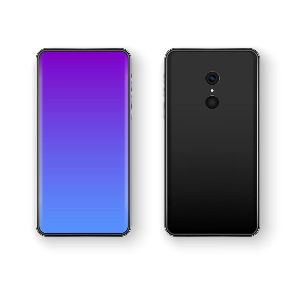 Back and front smartphone view. Realistic mobile phone with blank screen. Mock up or template cell phone vector