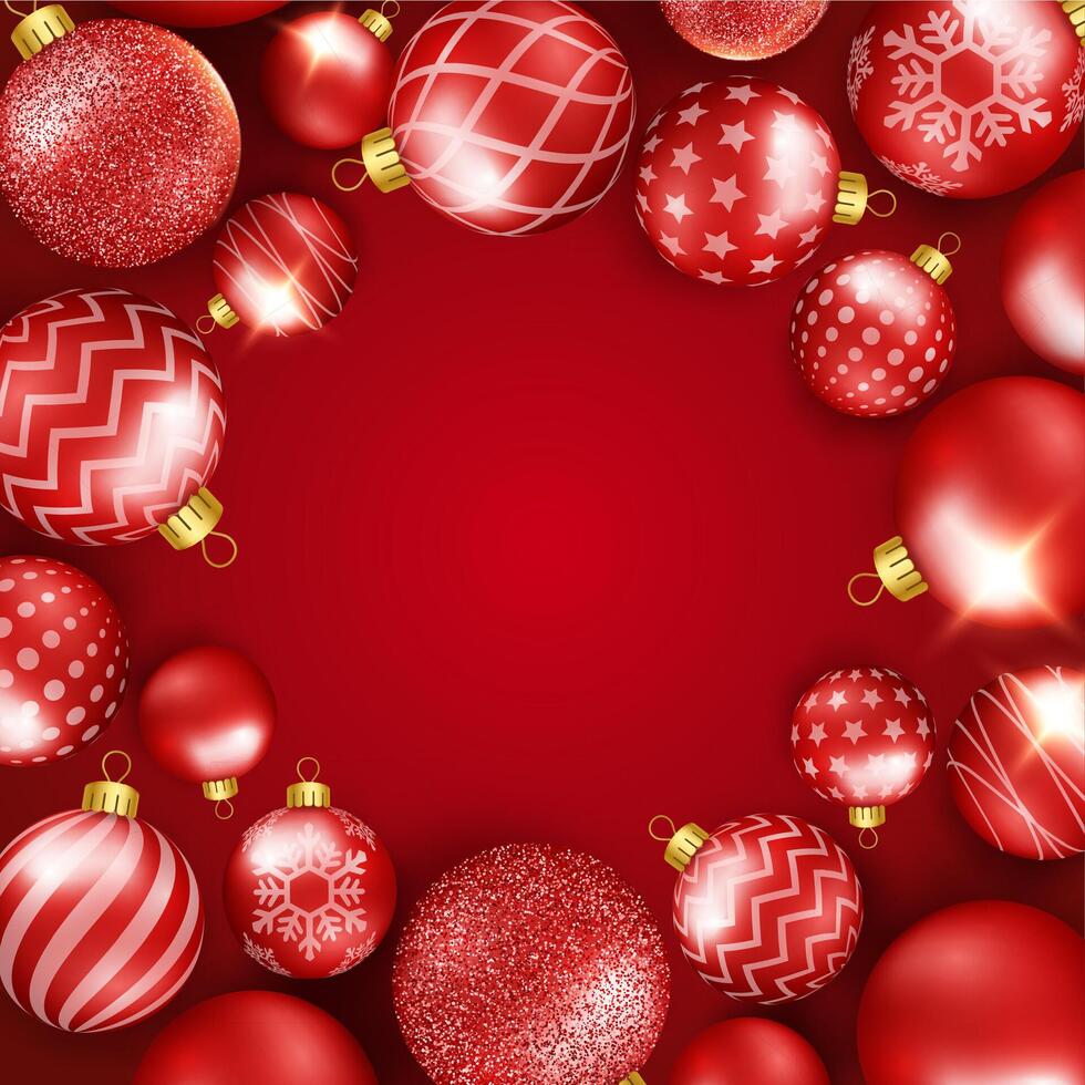 Christmas background with shining colorful balls. Round composition. New year and Christmas card illustration on red background vector