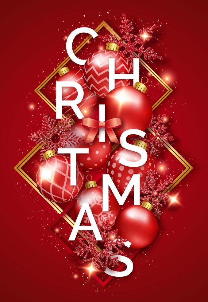 Christmas background with shining snowflakes, letters, bow and colorful balls vector