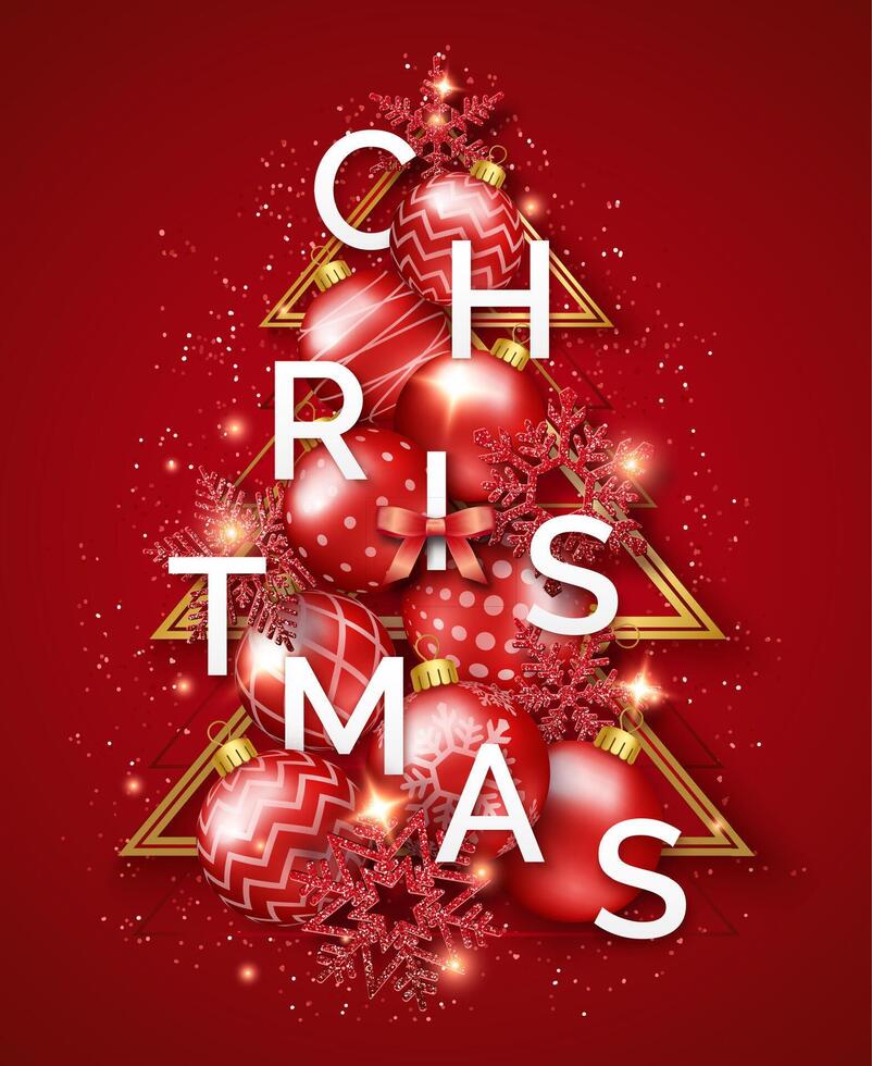Christmas background with snowflakes, letters, bow and colorful balls. New year and Christmas card illustration on red background vector
