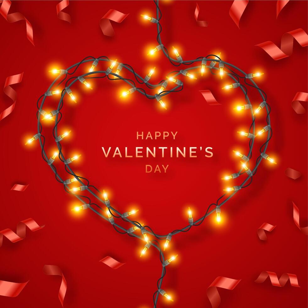 Valentines Day background with red ribbons, lights and text. Holiday card illustration on red background. Valentines day festive heart shaped lighting decoration with light bulbs on wires vector
