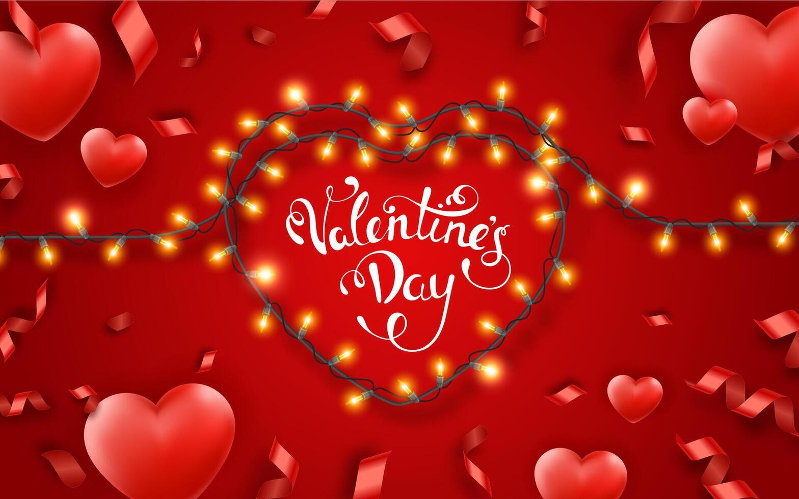Valentines Day background with red hearts, ribbons, lights and text. Holiday lettering greeting card illustration on red background. Valentines day festive heart shaped lighting decoration vector