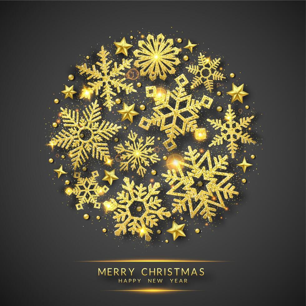Christmas background with shining golden snowflakes and snow. Circle shape. Merry Christmas card illustration on black background. Sparkling golden snowflakes with glitter texture vector