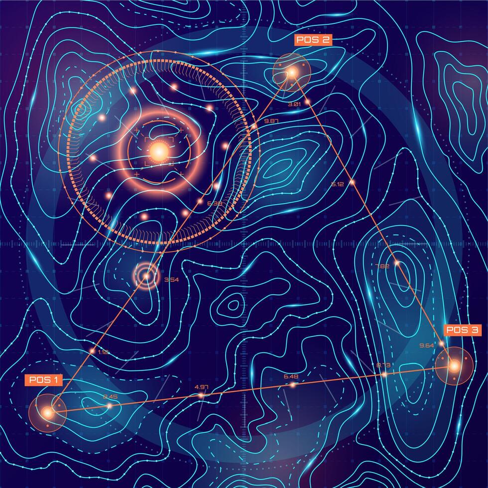 Topographic contour map with markers. Futuristic user interface. Search gadget in HUD style. Digital dashboard panel illustration. Topographic FUI concept vector