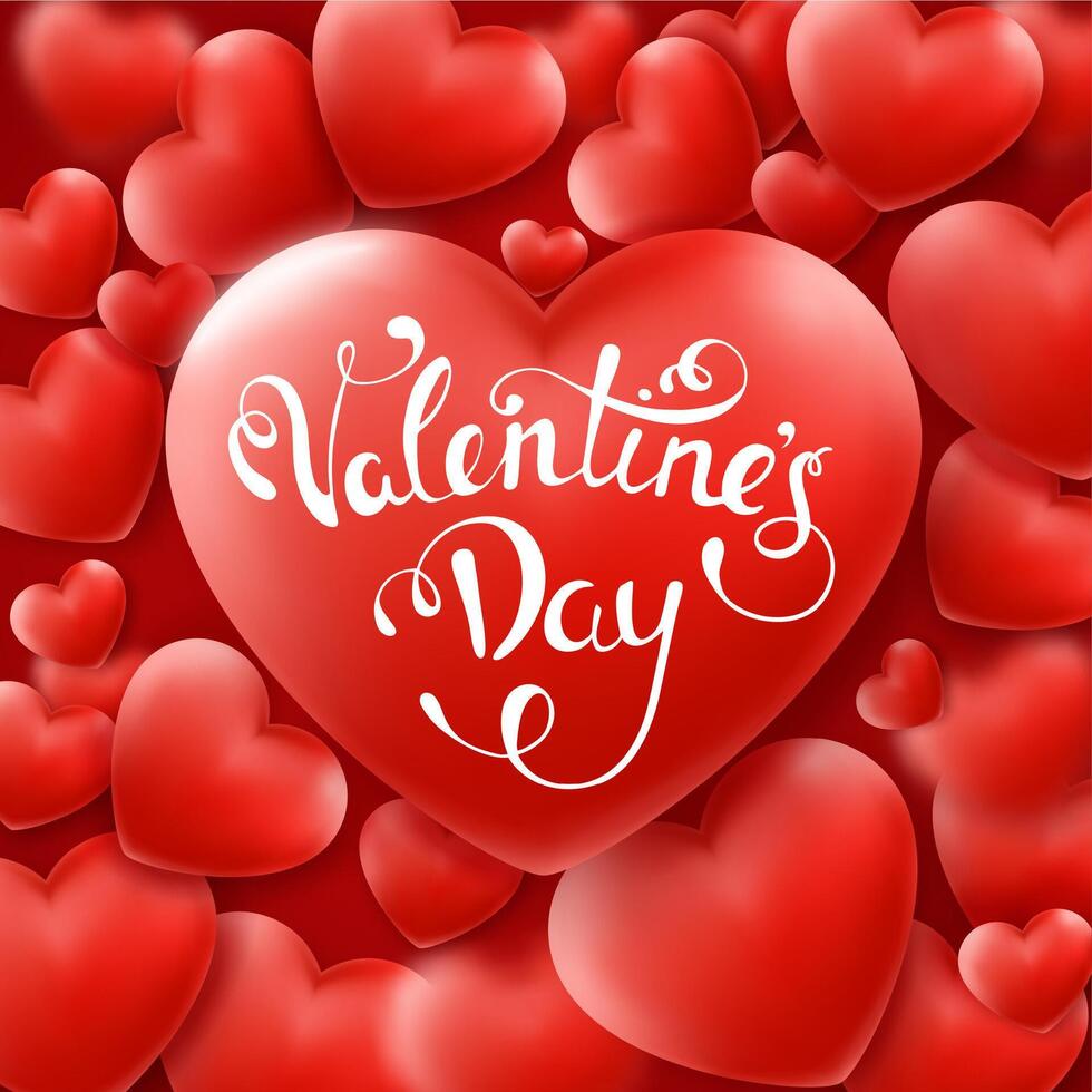 Valentines Day background with red hearts and text. Holiday lettering greeting card illustration on red background vector
