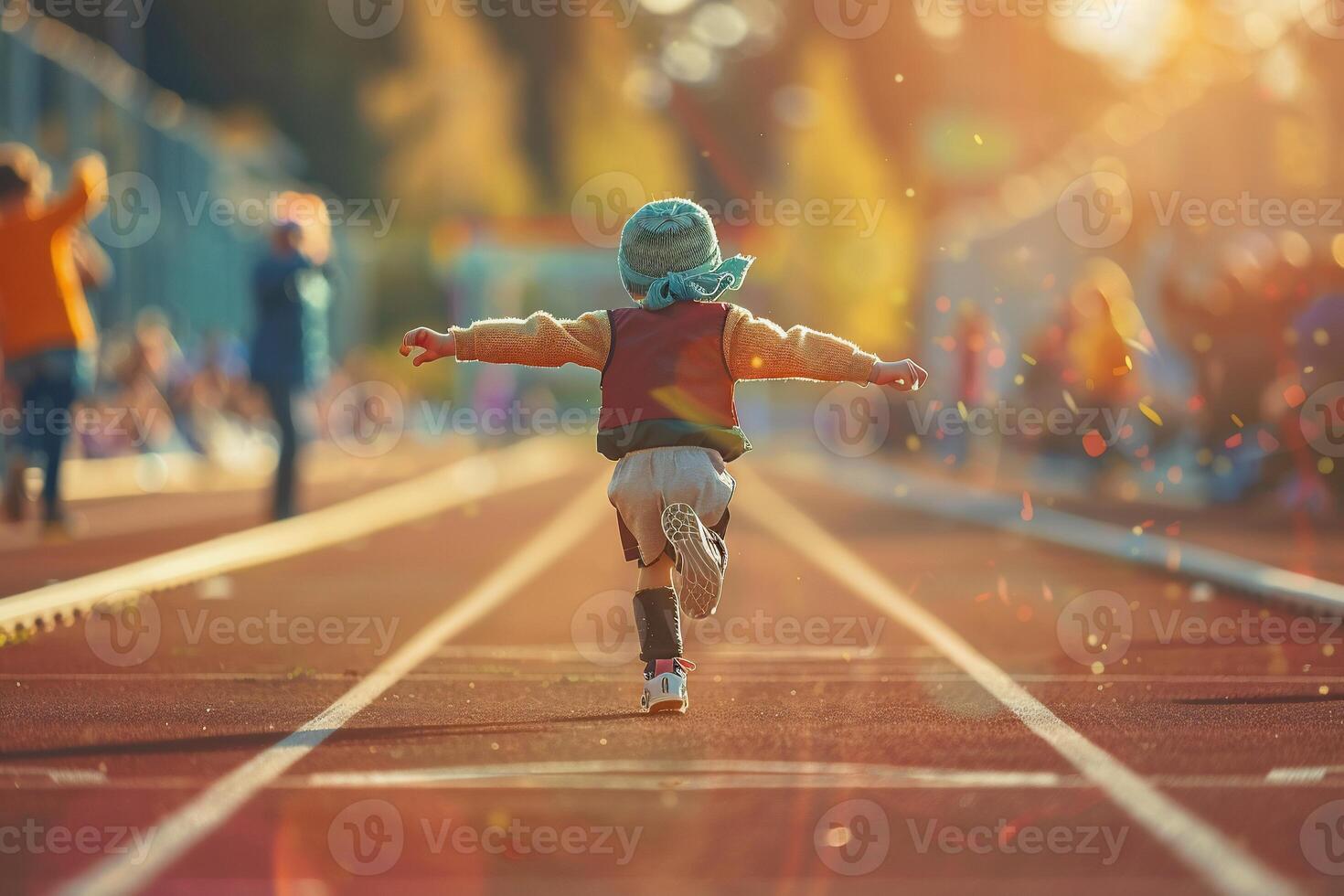 Child running track, joyful expression photo