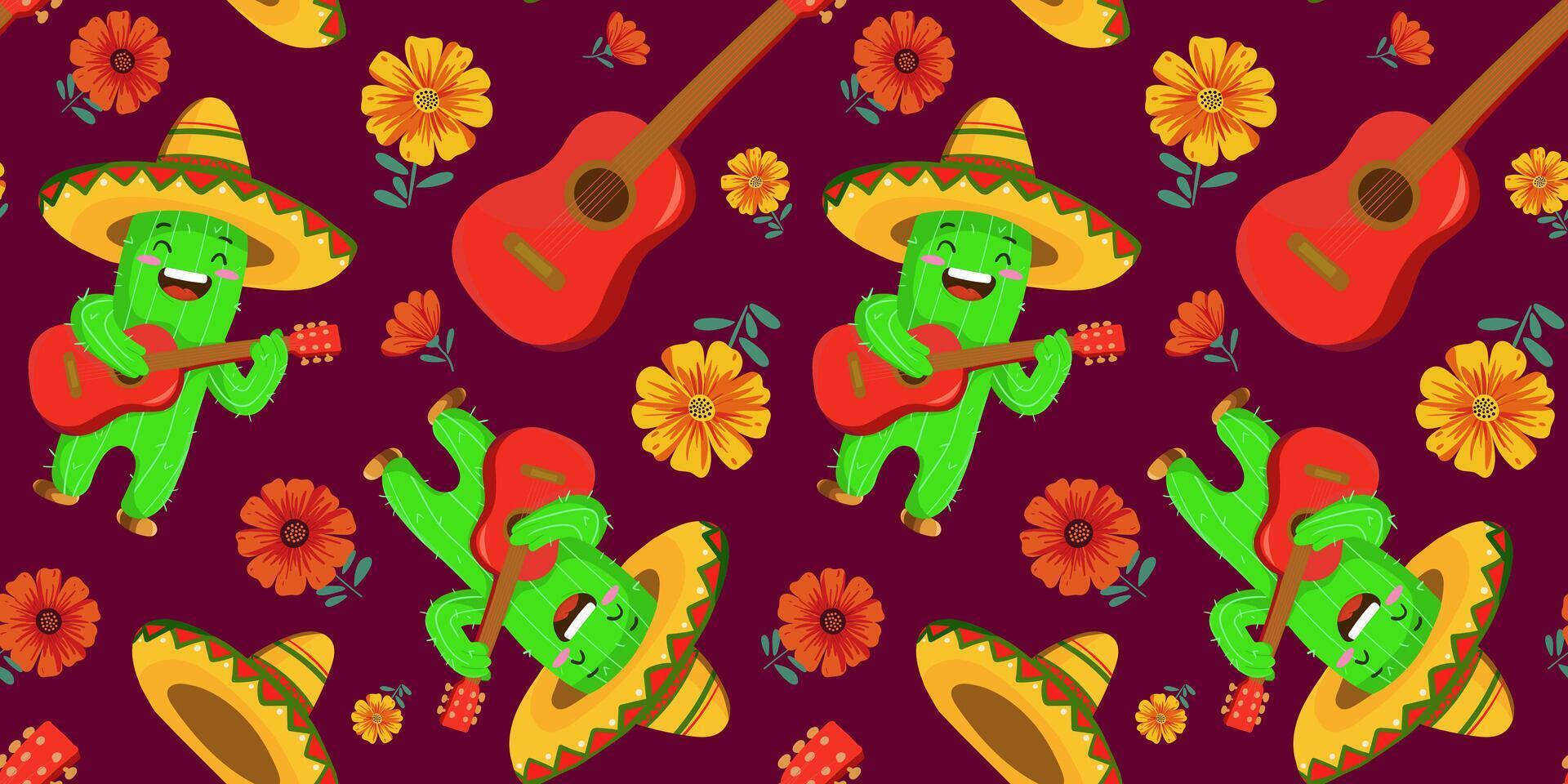 Seamless Mexican pattern with cute cactus playing guitar, sombreros, and vibrant flowers on a dark background. Perfect for Cinco de Mayo, Day of the Dead, and festive decor vector