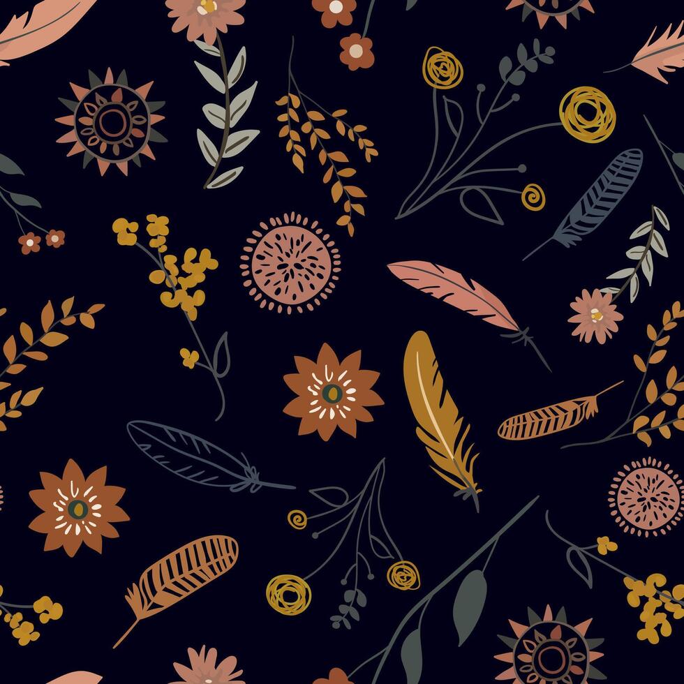 Trendy boho seamless pattern with hand-drawn flowers, feathers, and branches in earthy tones on a dark background. Perfect for textiles, wallpapers, decor design vector