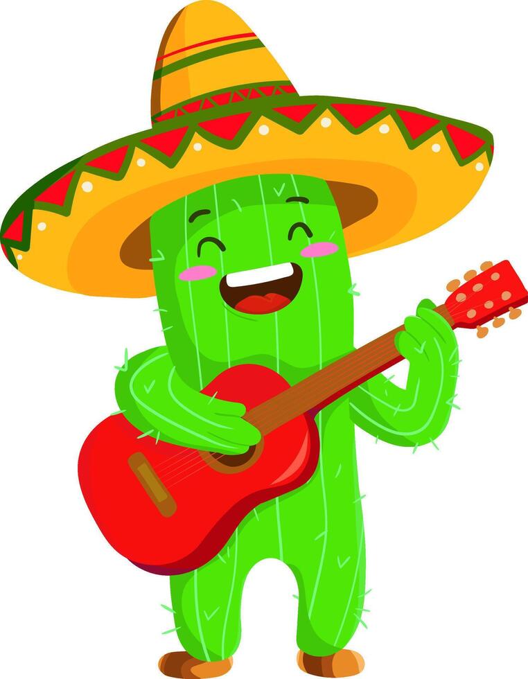 Funny Mexican cactus character wearing a sombrero and playing a red guitar. Cute Cinco de Mayo festival illustration, isolated on white background, perfect for prints vector