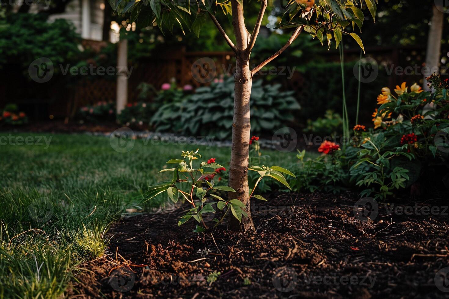 Backyard garden with young fruit tree. Small red flowers at base of a slender tree trunk, surrounded by mulch and vibrant plantings photo