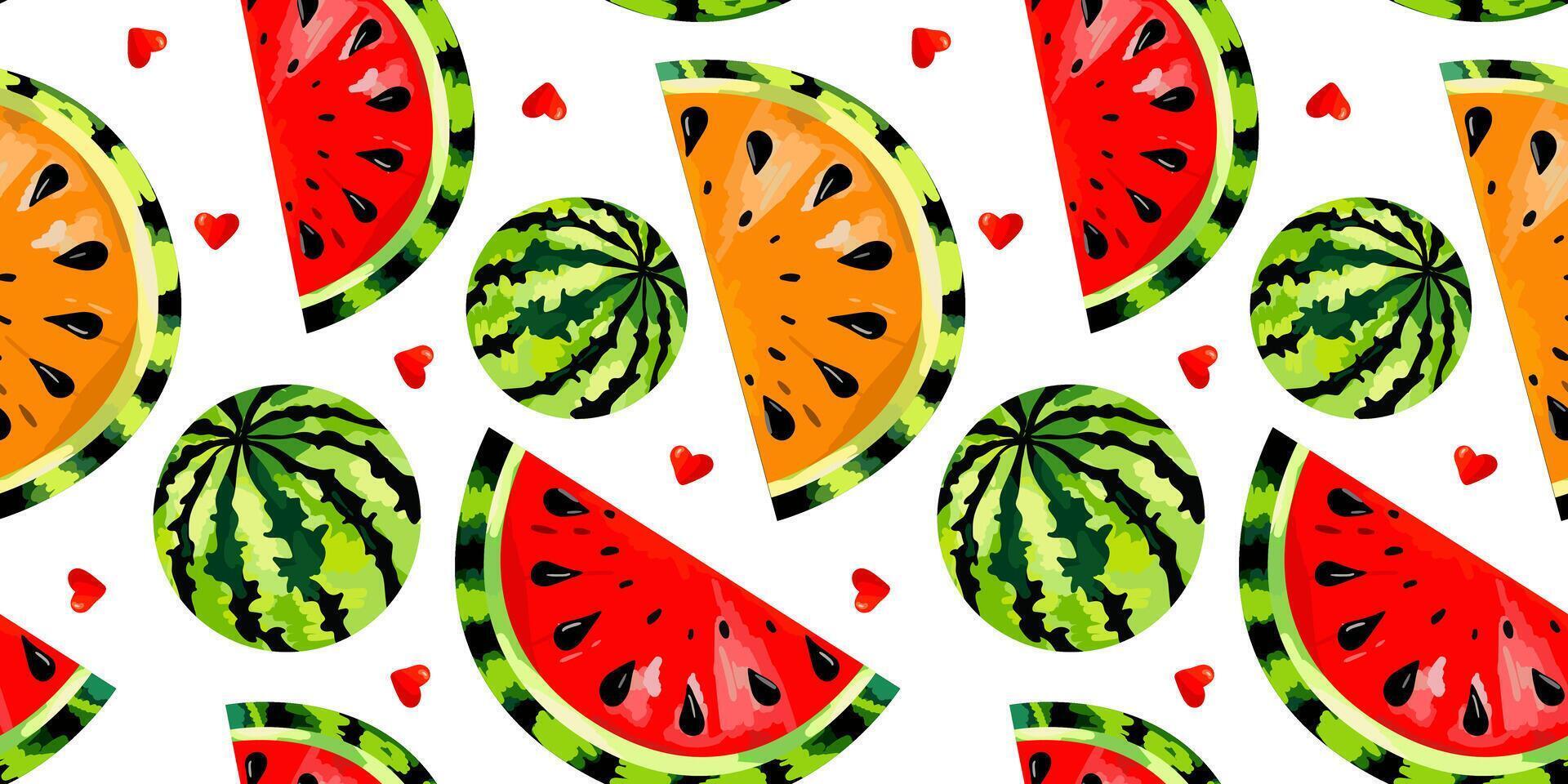 watermelon seamless pattern summer design with red and yellow fruit slices hearts seeds. bright white background. art for textile vector