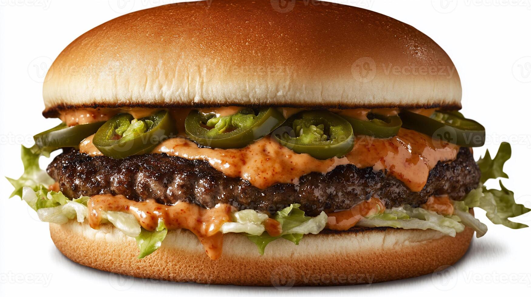 A hamburger with jalapenos and cheese on it photo