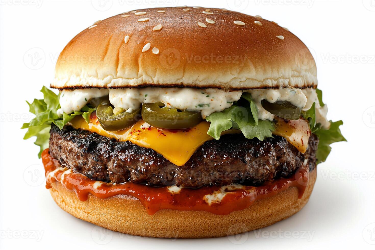 A hamburger with cheese, lettuce, and tomato photo