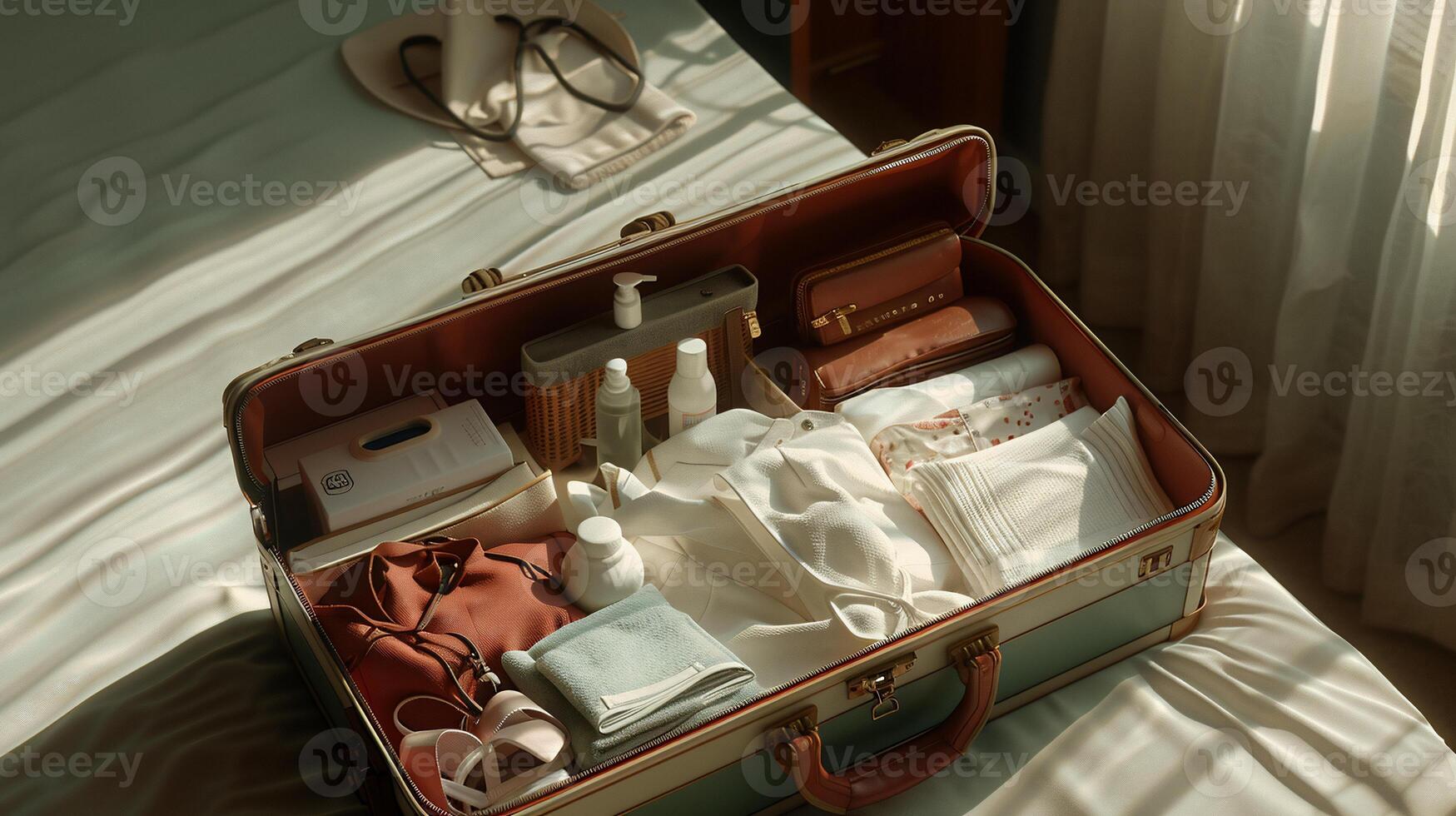 Vintage suitcase packed with travel essentials photo