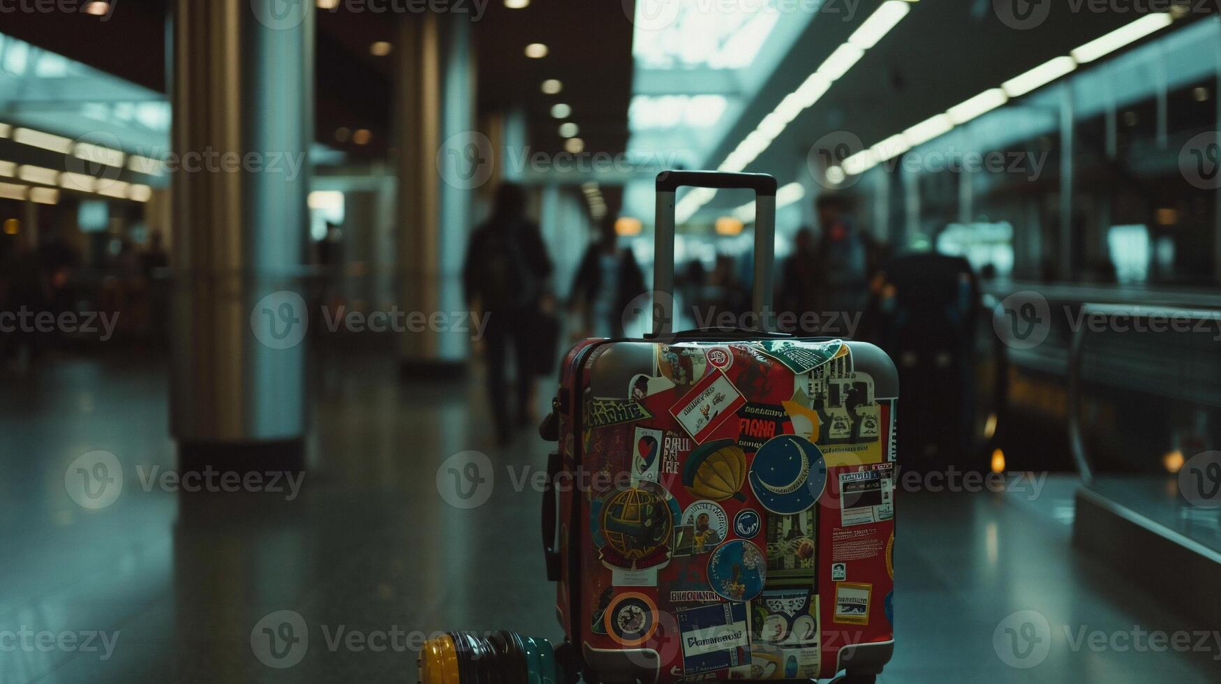 A suitcase with stickers on it is sitting in an airport photo