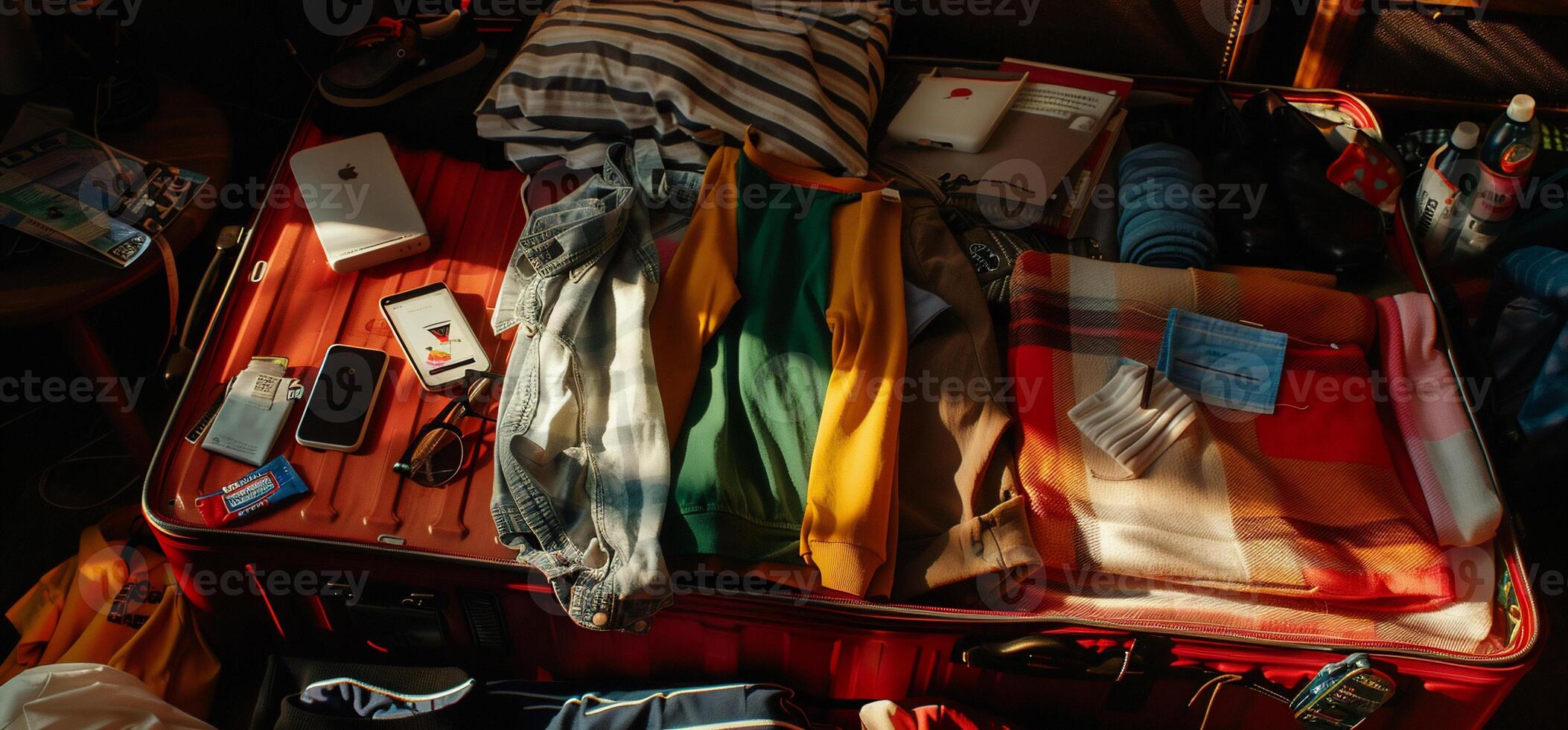Packed Suitcase with Clothing and Accessories photo