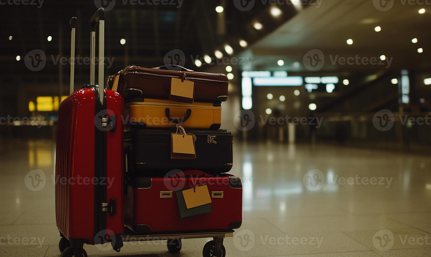 A stack of suitcases sitting on a trolley photo
