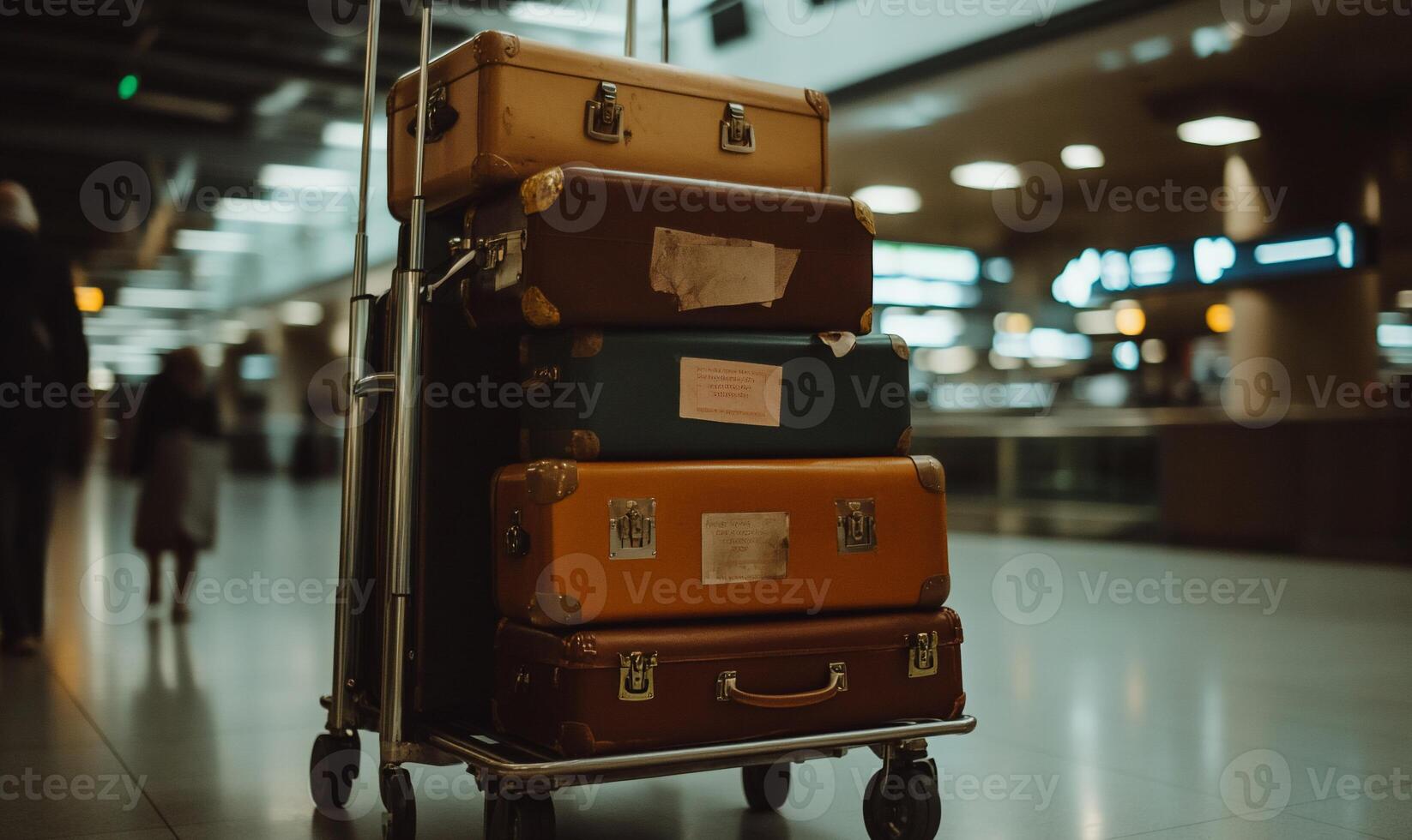 A stack of suitcases on a trolley in an airport photo