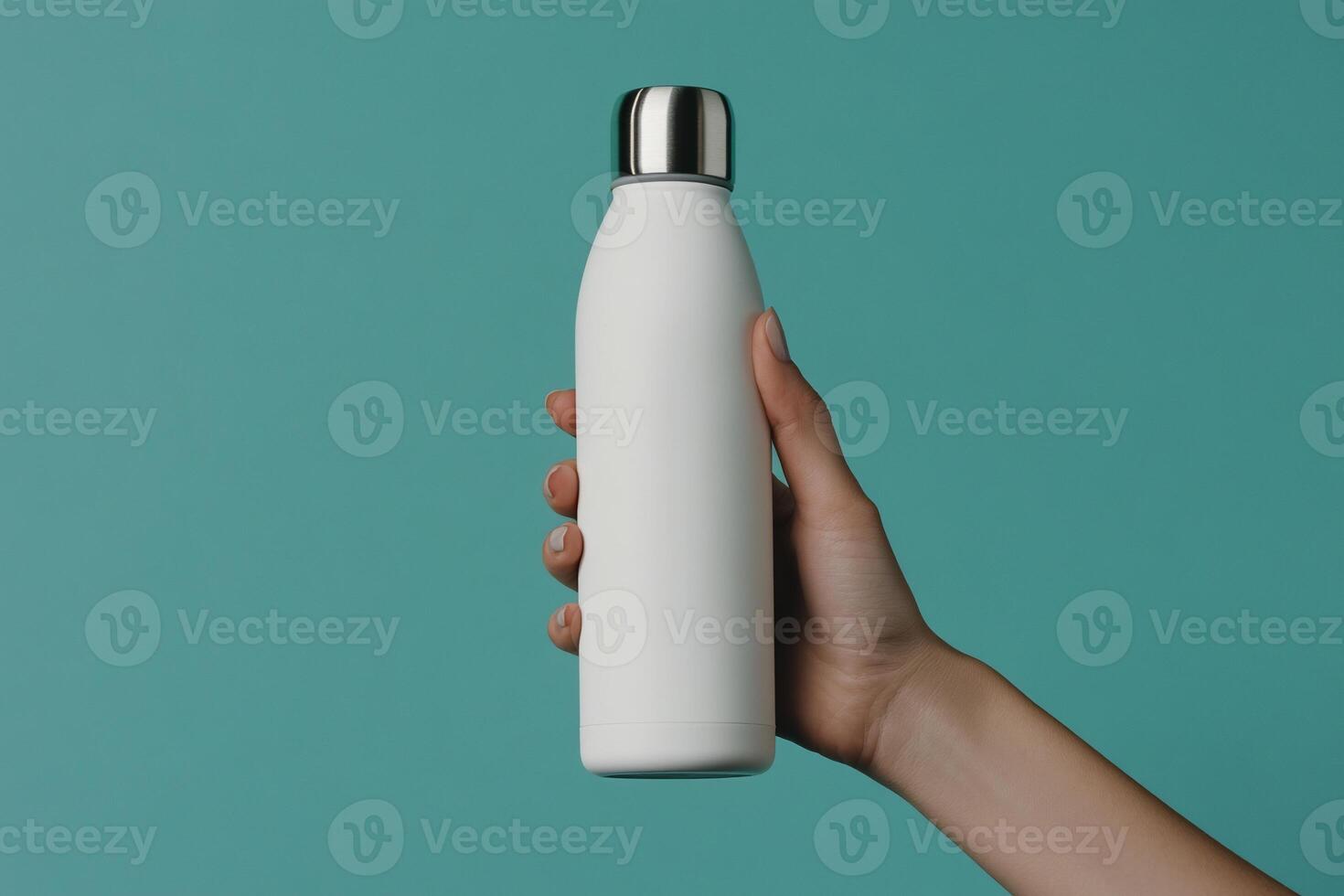 Hand holding a white water bottle on a blue background photo