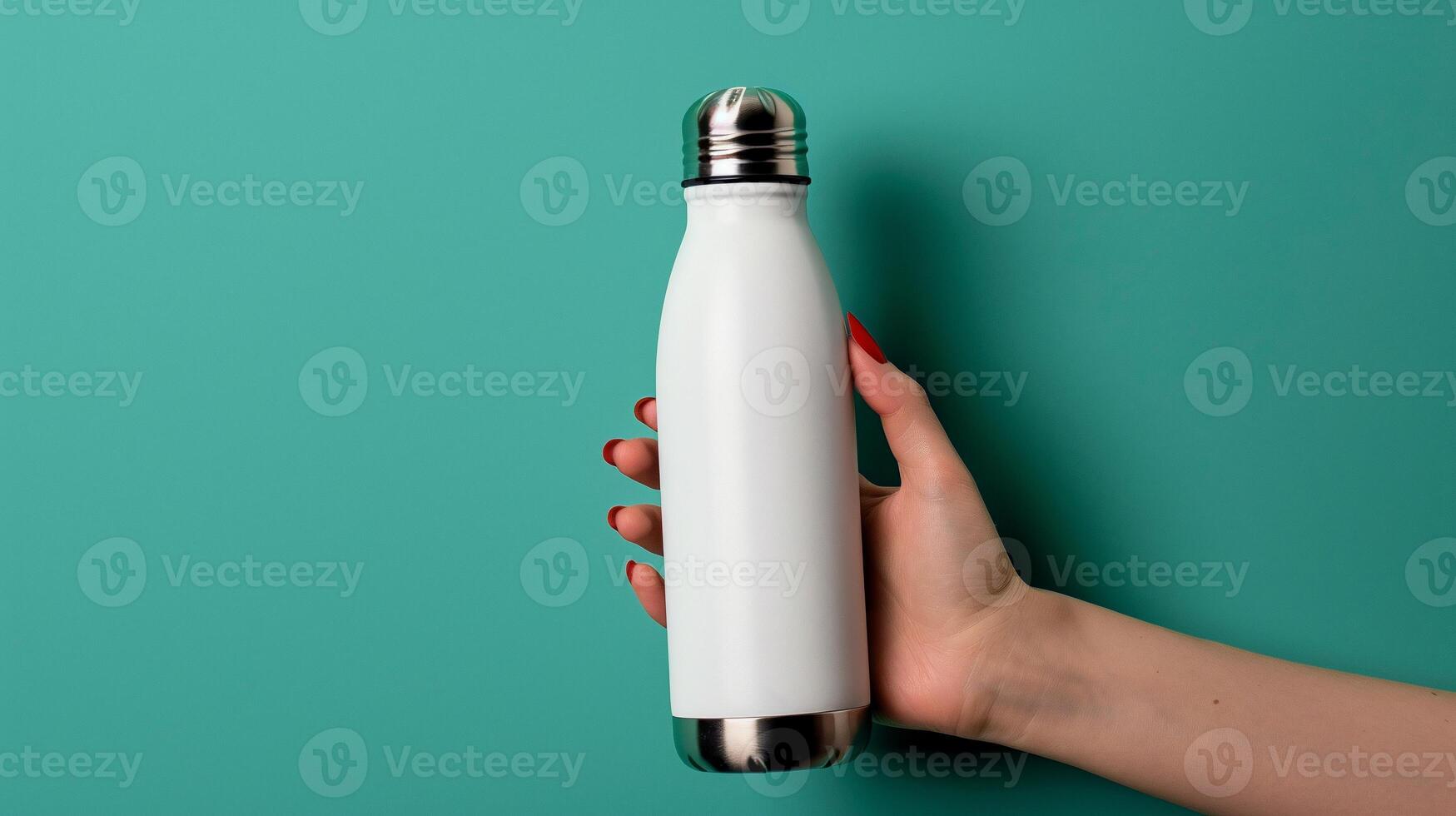A woman's hand holding a white water bottle photo