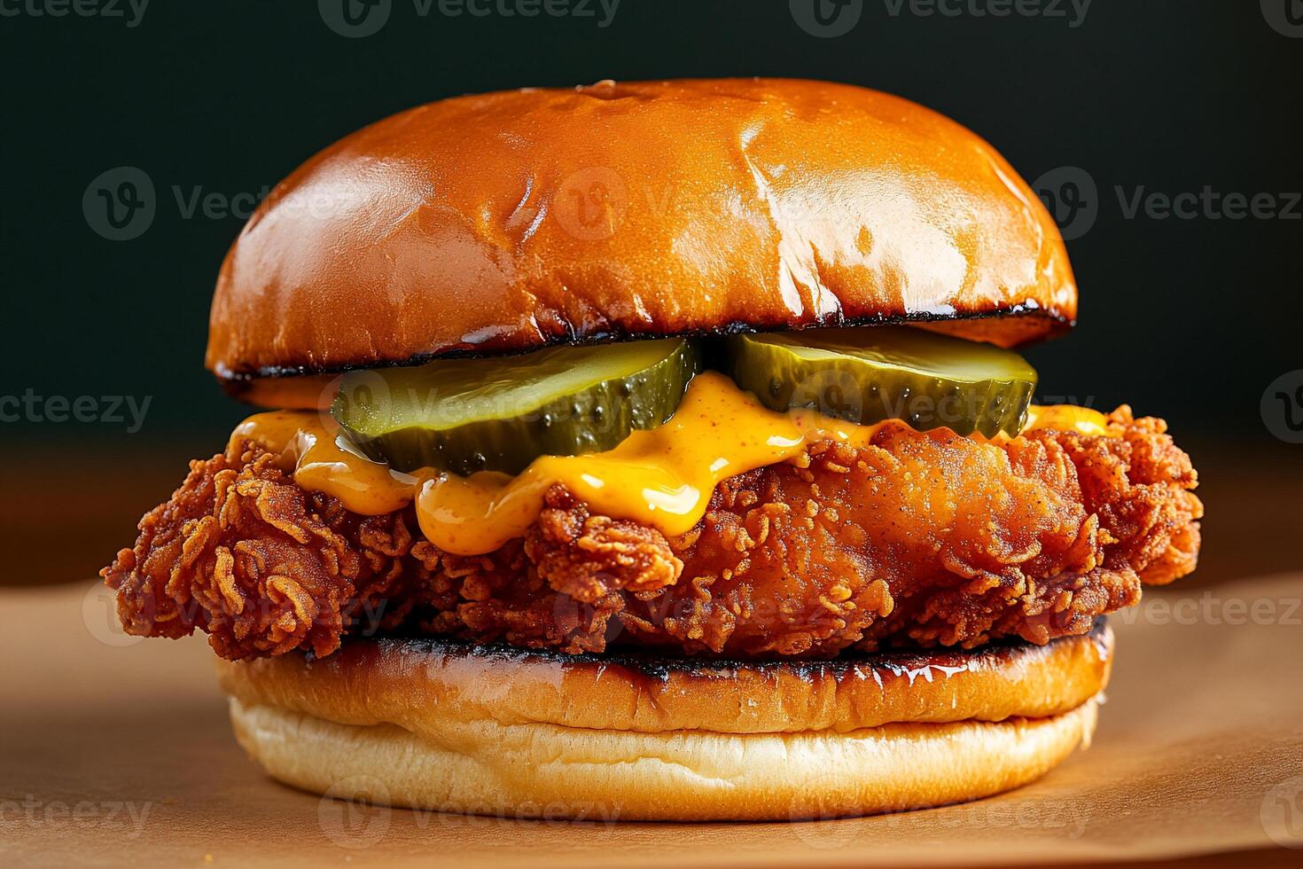 Crispy fried chicken sandwich. Freshly baked bun, golden-fried chicken, tangy pickles, and melted cheese sauce photo