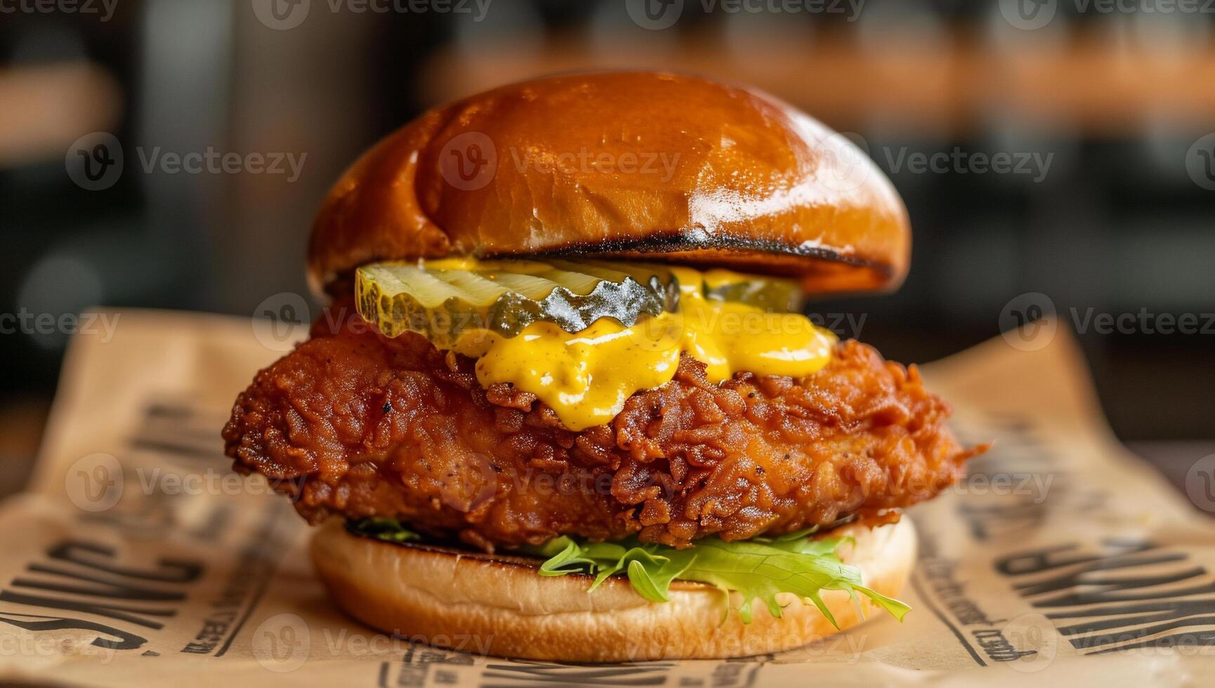 Crispy fried chicken sandwich, topped with creamy yellow sauce, pickles, and lettuce. A delicious fast-food meal photo