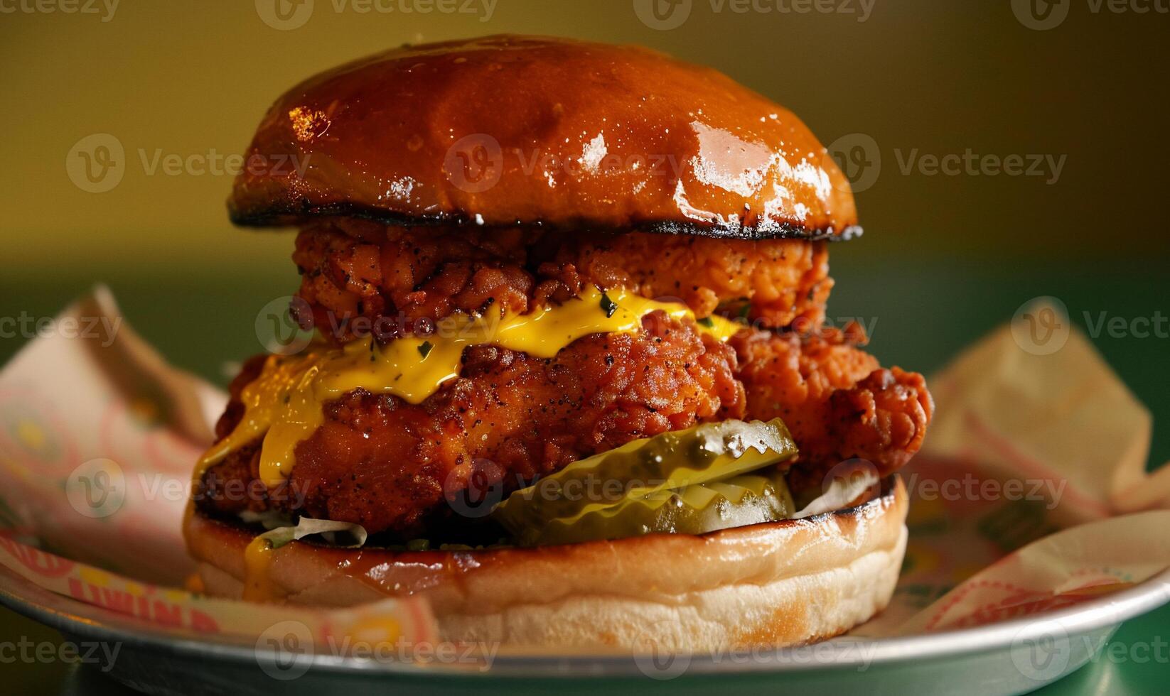 Crispy fried chicken sandwich on a toasted bun, topped with creamy sauce and pickles photo