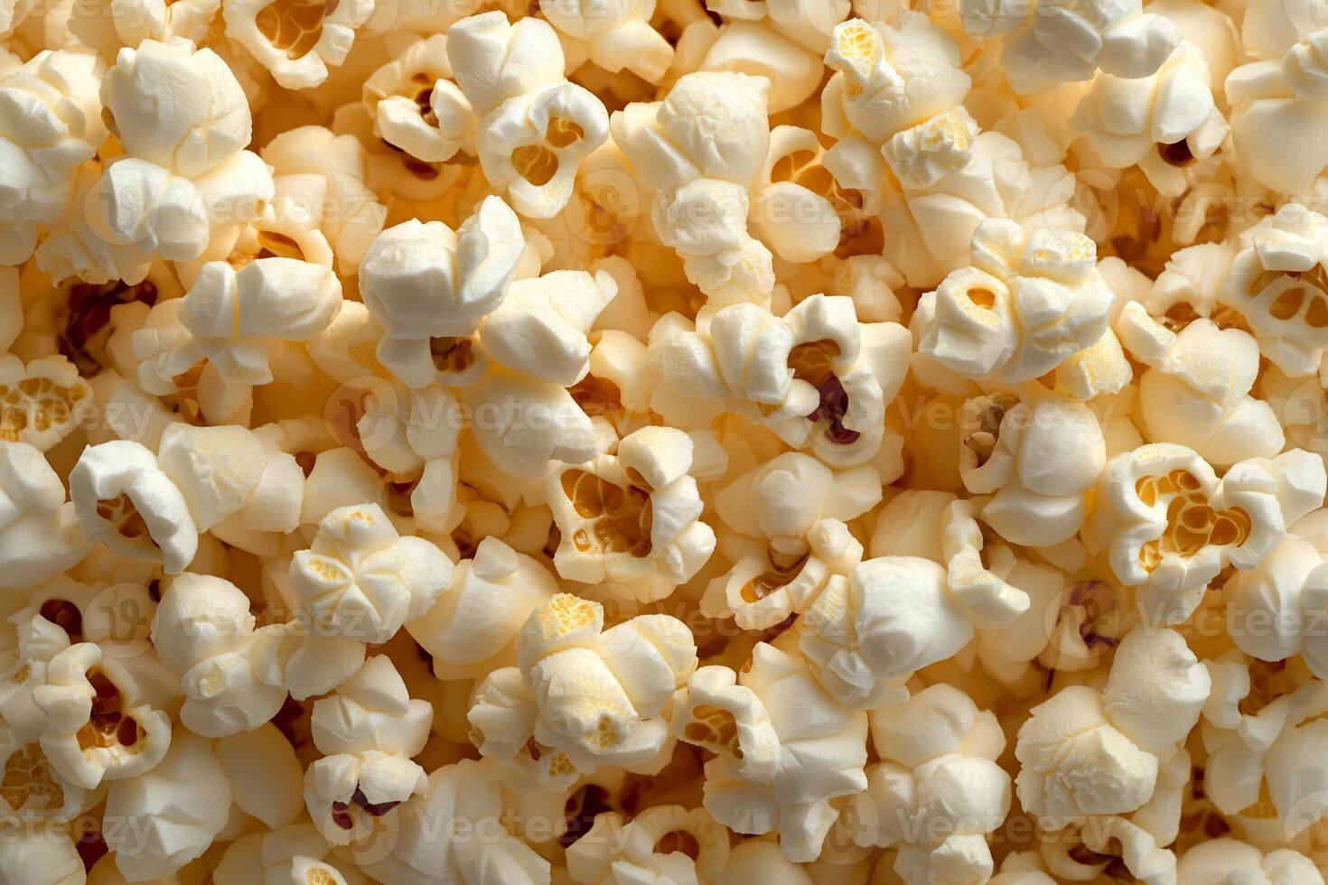 Close-up of popcorn kernels. A full view of many popped kernels photo