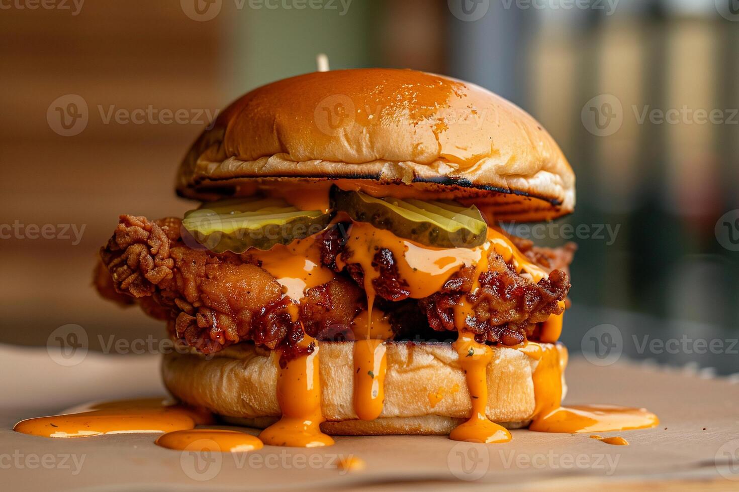Crispy fried chicken sandwich dripping with sauce photo