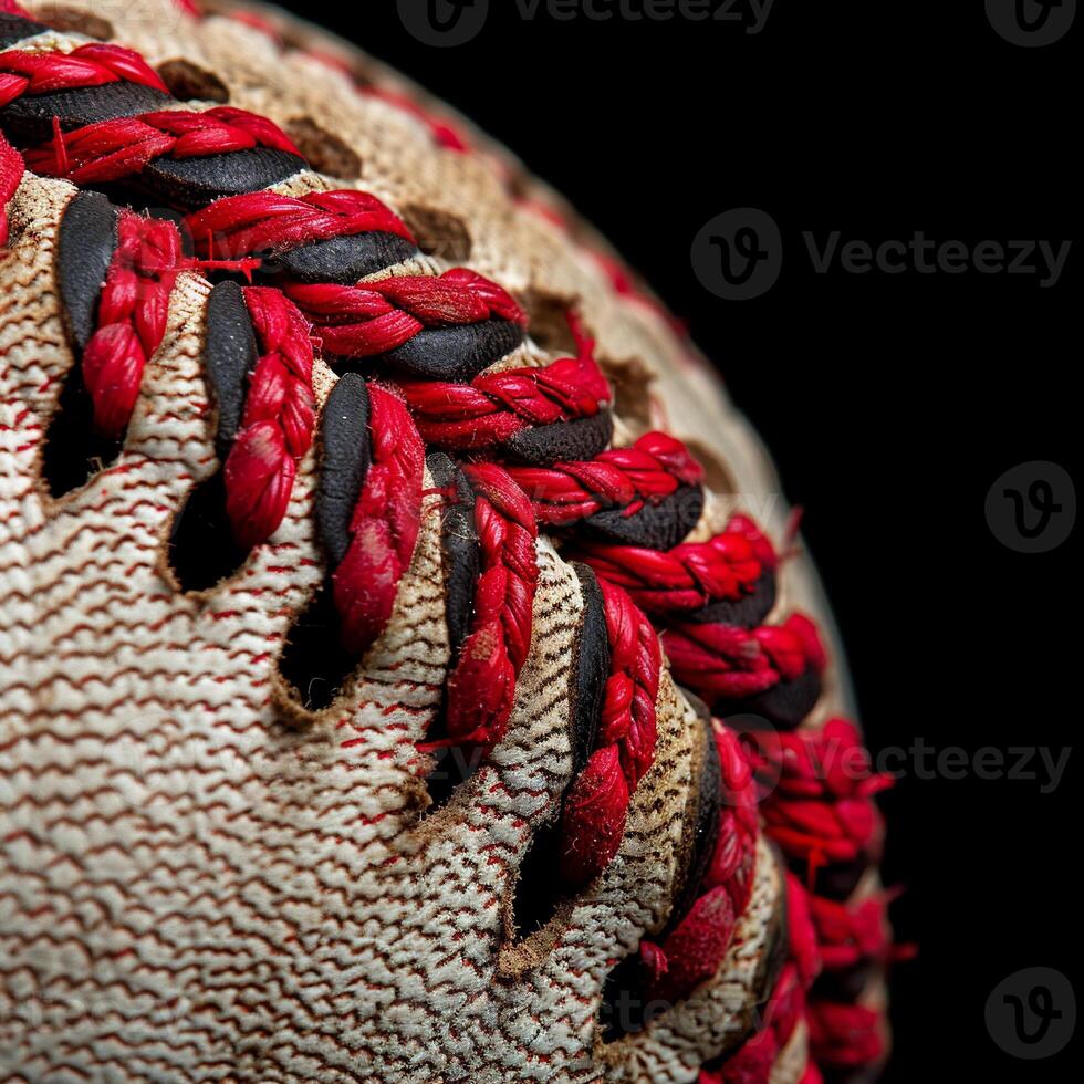 A close up of a baseball with red and black stitching photo