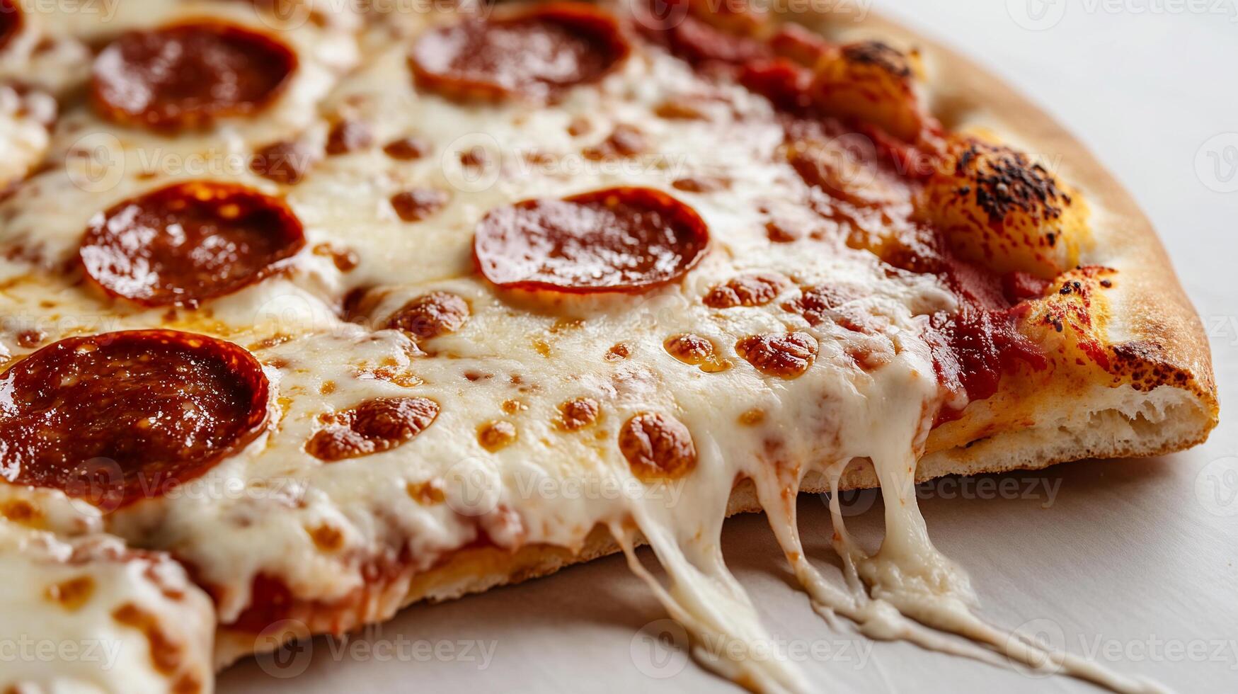 Close-up of a pizza slice with melted cheese and pepperoni photo