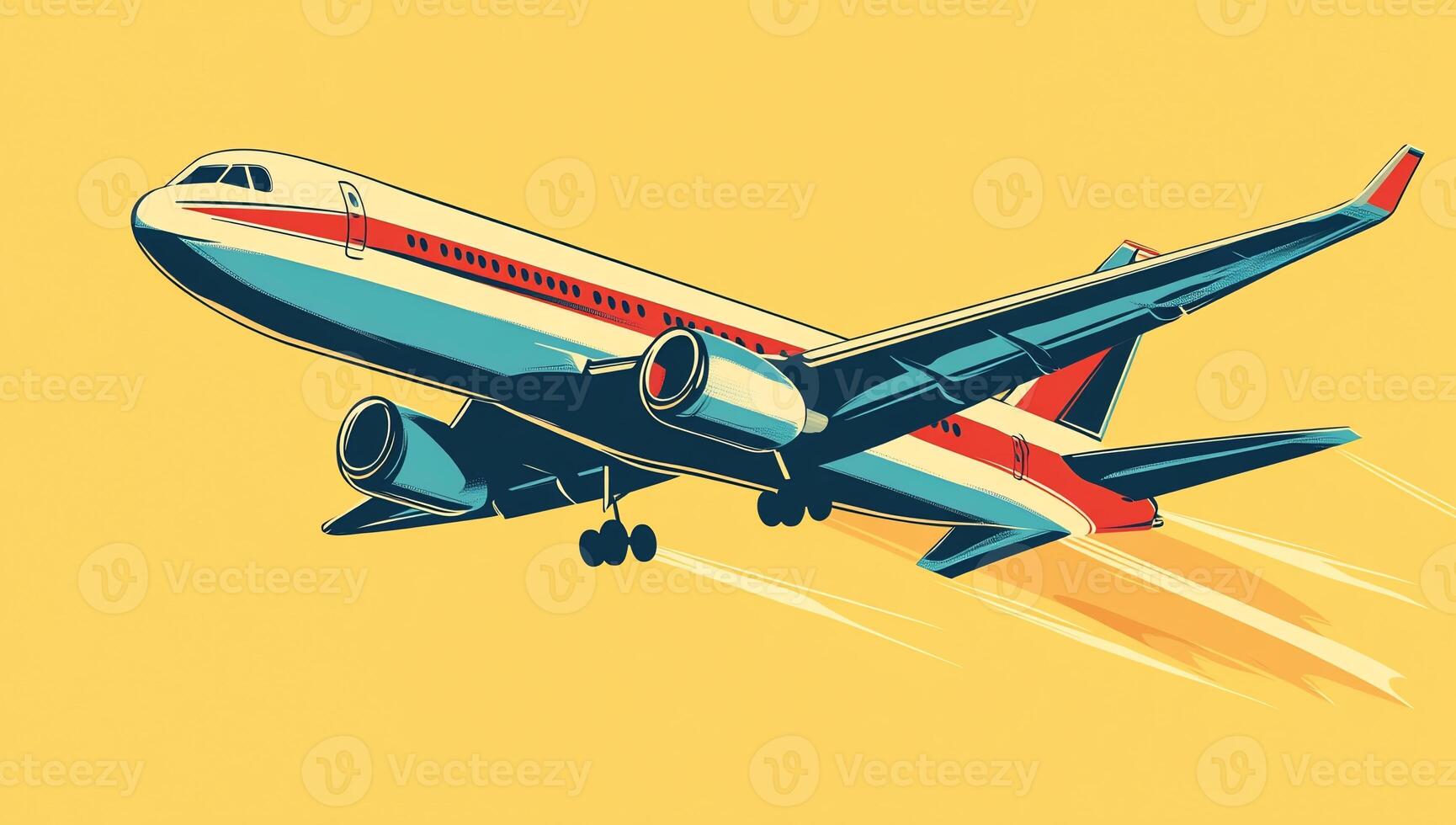 Retro-styled jet plane taking off, vibrant colors, dynamic motion photo