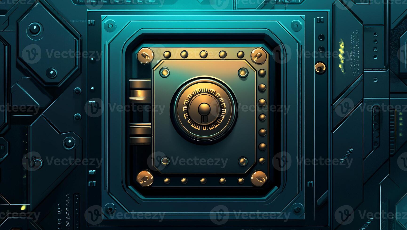 Teal metallic safe embedded in tech panel photo