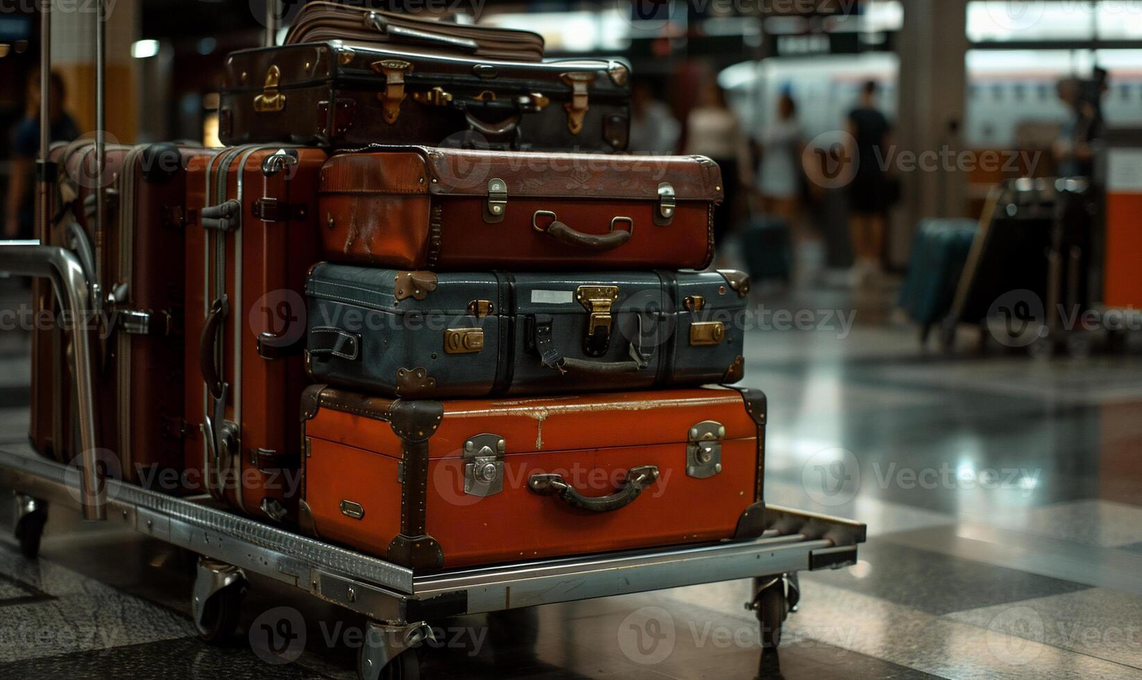 A cart with a stack of suitcases photo