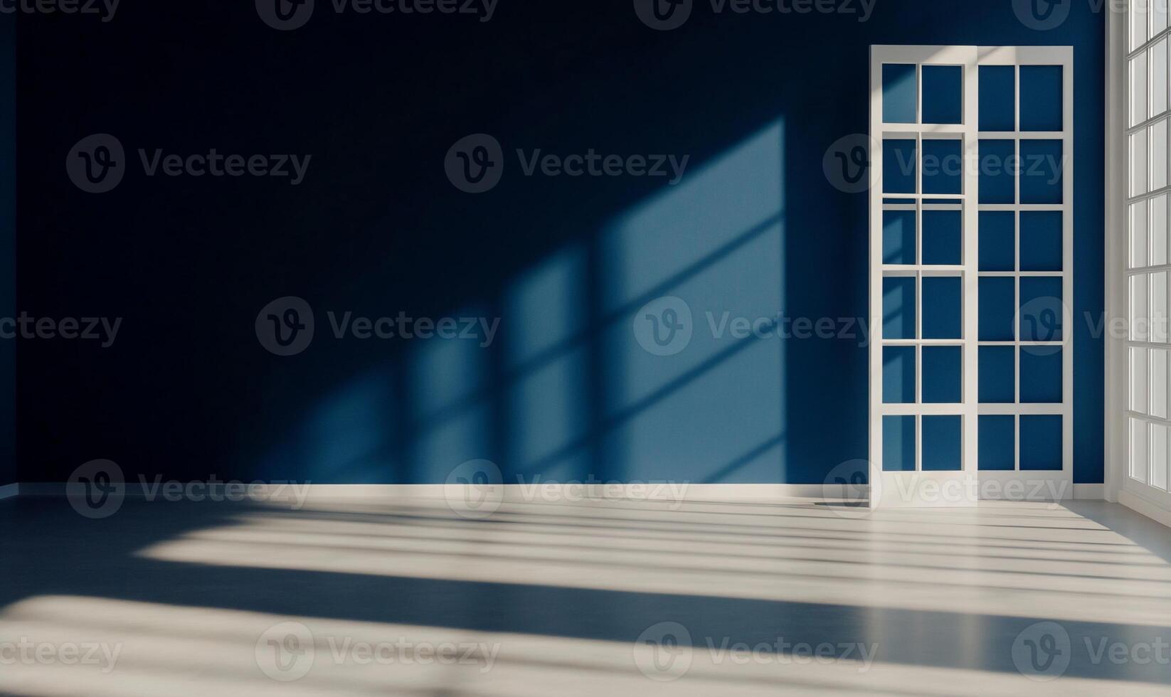 Empty room with soft sunlight, dark blue walls, and white interior photo