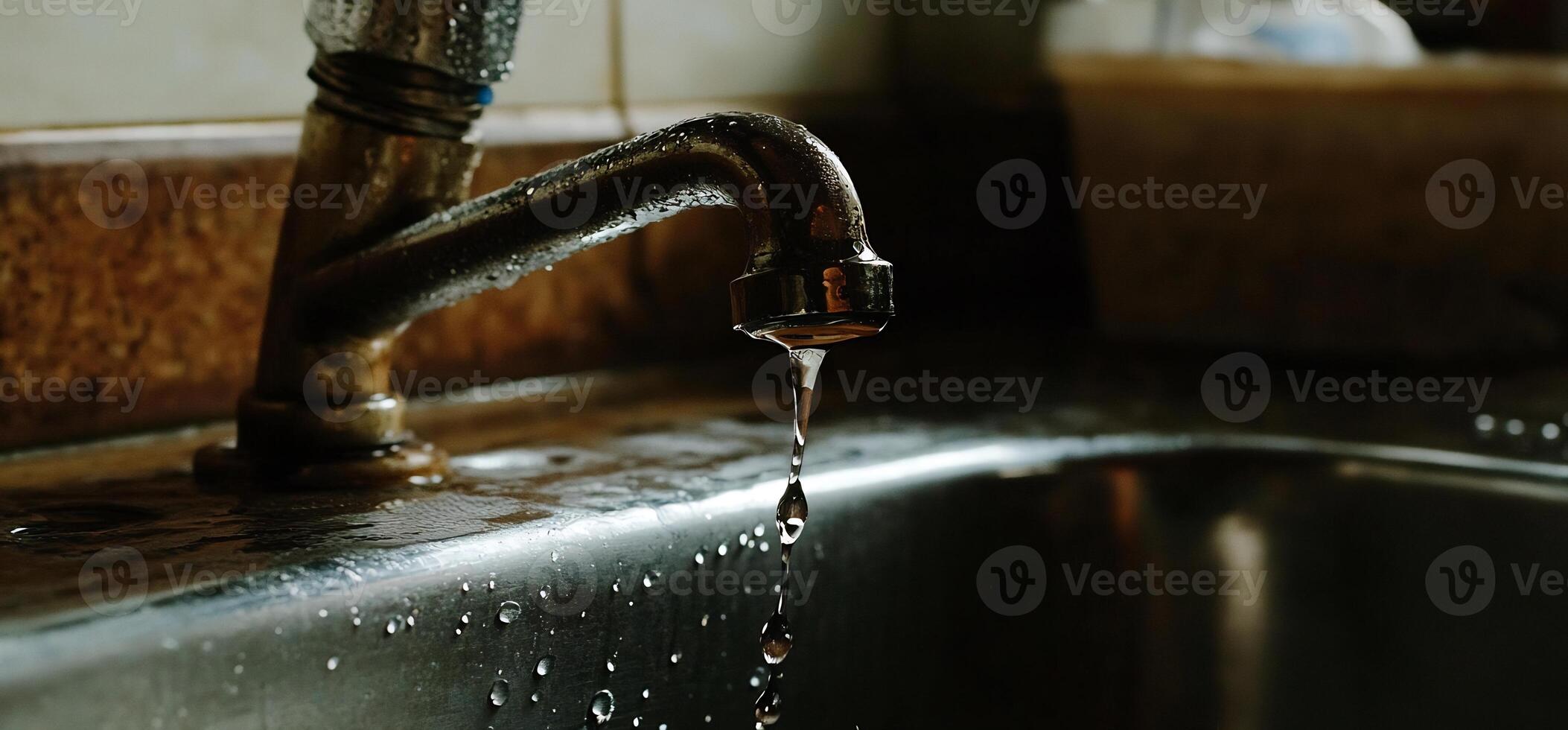 A faucet is dripping water from the sink photo